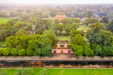 Wonderful view of the “ Meridian Gate Hue “ to the Imperial City with the Purple Forbidden City within the Citadel in Hue, Vietnam. Imperial Royal Palace of Nguyen dynasty in Hue. Thai To Mieu house 