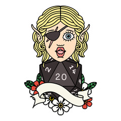 elf rogue character with natural twenty dice roll illustration