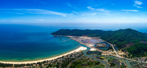 Naklejka premium Aerial view of Chan May bay and beach, harbor, Hue, Vietnam. Panorama