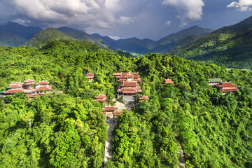 Aerial view of Truc Lam Bach Ma monastery in Truoi lake, Bach Ma mountain, Hue, Vietnam. Same Truc...