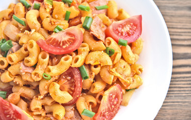 Easy Thai Style Stir Fried Macaroni with Ham..children menu with Macaroni.