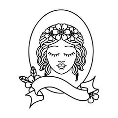 black linework tattoo with banner of a maiden with eyes closed