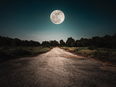 Landscape of night sky and bright full moon. Asphalt road leading into the forest at night. Serenity background.