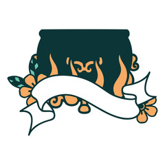 tattoo with banner of lit cauldron
