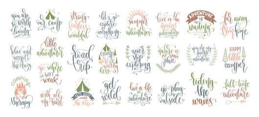 set of 25 hand lettering inscription posters about travel adventure, positive quotes