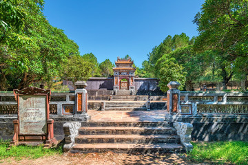 Aerial and general view of Vietnam ancient Tu Duc royal tomb and Gardens Of Tu Duc Emperor near Hue, Vietnam. A Unesco World Heritage Site