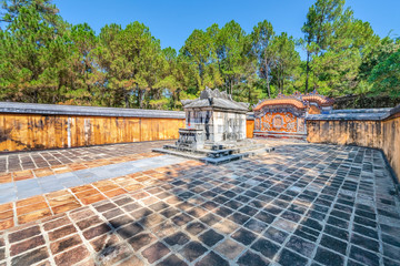 Aerial and general view of Vietnam ancient Tu Duc royal tomb and Gardens Of Tu Duc Emperor near Hue, Vietnam. A Unesco World Heritage Site