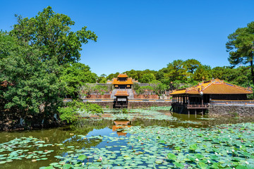 Naklejka premium Aerial and general view of Vietnam ancient Tu Duc royal tomb and Gardens Of Tu Duc Emperor near Hue, Vietnam. A Unesco World Heritage Site