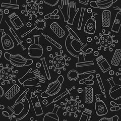 Seamless pattern on the theme of medicine and diseases, medical equipment and viruses, light contour   icons on a dark background