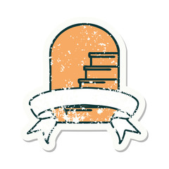 grunge sticker with banner of a doorway to steps