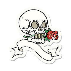 grunge sticker with banner of a skull and rose