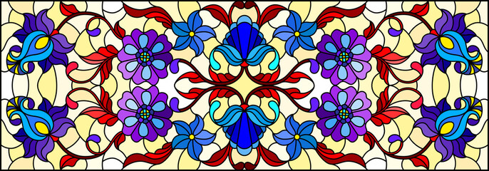 Illustration in stained glass style with abstract  swirls,flowers and leaves  on a yellow background,horizontal orientation