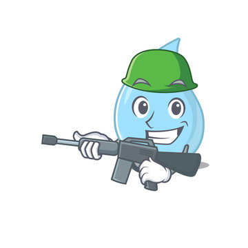 A cartoon picture of raindrop in Army style with machine gun