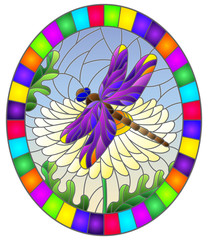 Stained glass illustration with a beautiful  flower and a bright purple dragonfly against a blue sky, oval image