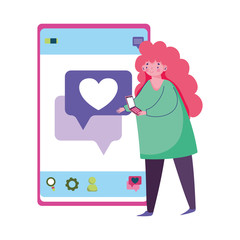 people and smartphone, young woman using smartphone texting love