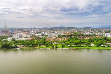 Fototapeta na wymiar Aerial view of Hue city, Vietnam. Beauty Huong river in Hue City, Vietnam. People's Committee of Hue 