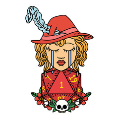 crying human bard with natural one D20 dice roll illustration