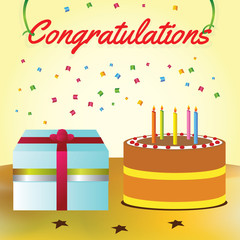 Congratulations banner with cake and gift from family friends colleagues at office or home party. beautiful yellow blue colorful color scheme.  loving caring.vector illustrations design on illustrator