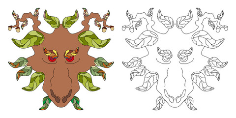 Mythological character of forest faun. Head of goat with horns decorated oak leaves and acorns. Adult antistress coloring page. Vector illustration isolated on white background. Design for T-shirt.
