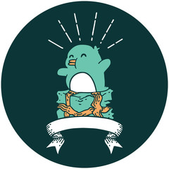 icon of tattoo style penguin sitting on present