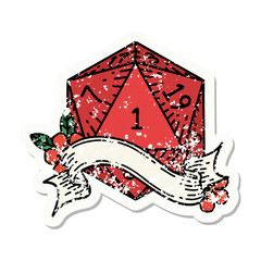 natural one d20 dice roll grunge sticker