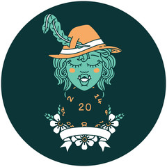 half orc bard with natural 20 dice roll icon