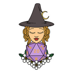 human witch with natural twenty dice roll illustration