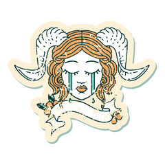 crying tiefling character face with scroll banner illustration