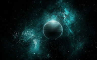 abstract space illustration, 3d image, planet and space green nebula