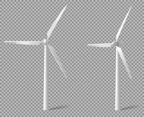 Wind turbine front and angle view. Alternative renewable power generation, green energy concept. Vector realistic mockup of windmill with white vanes isolated on transparent background © klyaksun