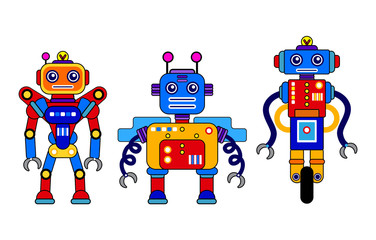 Set of 3 colorful robots on a white background. Cartoon style. Vector illustration. Robot toys. Machine