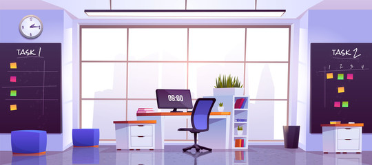 Office workplace interior with computer table, pc monitor, shelves, task boards front of wide floor-to-ceiling window with cityview. Working place for businessman, analyst, Cartoon vector illustration