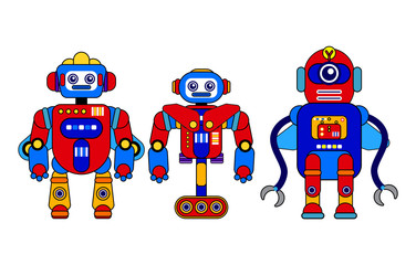 Set of 3 colorful robots on a white background. Cartoon style. Vector illustration. Robot toys. Machine