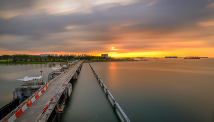 Singapore 2018 Dawn at Marina Barrage over look to 
Pulau Ujong Breakwater

