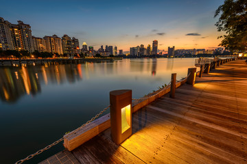 Singapore May 21/2017 Riverside of Kallang river in sunset, Singapore Sport hub