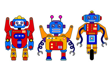Set of 3 colorful robots on a white background. Cartoon style. Vector illustration. Robot toys. Machine