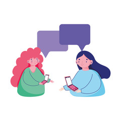 people and smartphone, women using mobile texting chatting cartoon