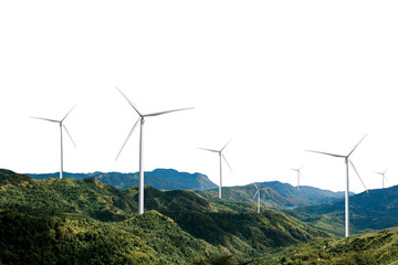 Nature landscape with wind turbines on mountains covered with green forest isolate on white background