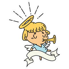 banner with tattoo style angel blowing trumpet