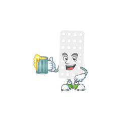 Happy pills mascot style toast with a glass of beer