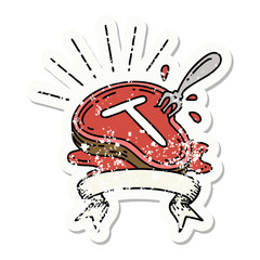 grunge sticker of tattoo style steak and fork