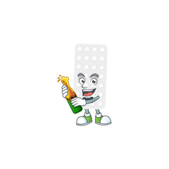 Mascot cartoon design of pills making toast with a bottle of beer