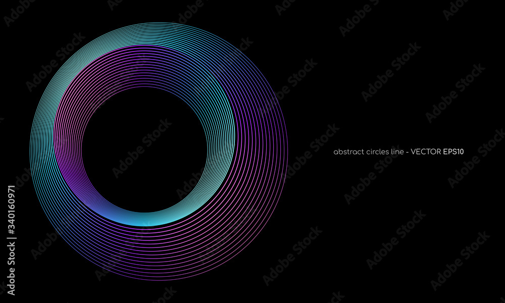 Poster abstract circles lines pattern round frame colorful blue green purple light isolated on black backgr
