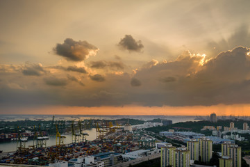 Singapore 2017 West skyline of Singapore look from Pinnacle at Duxton Roof terrace during sunset