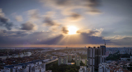 Singapore 2017 West skyline of Singapore look from Pinnacle at Duxton Roof terrace during sunset