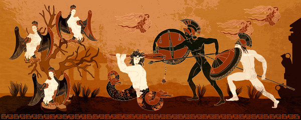 Ancient Greece. Black figure pottery style. Hero Hercules, harpy, Medusa gorgon. Warriors. Legends and mythology art. History and culture scene. Ancient Greek scene - obrazy, fototapety, plakaty