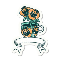 grunge sticker with banner of a cup and flowers