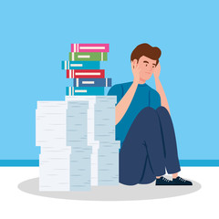 man sitting with stress attack and stack of documents vector illustration design
