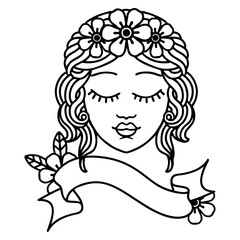 black linework tattoo with banner of a maidens face
