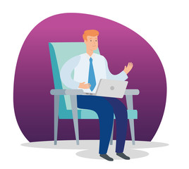 businessman sitting in chair with laptop vector illustration design